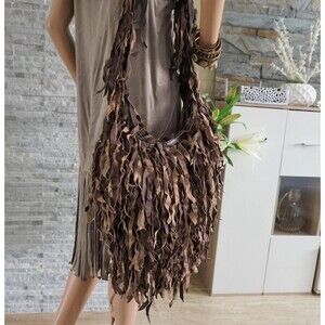 Moroccan Leather Shoulder Bag: Bohemian Hippie Fringe Bag